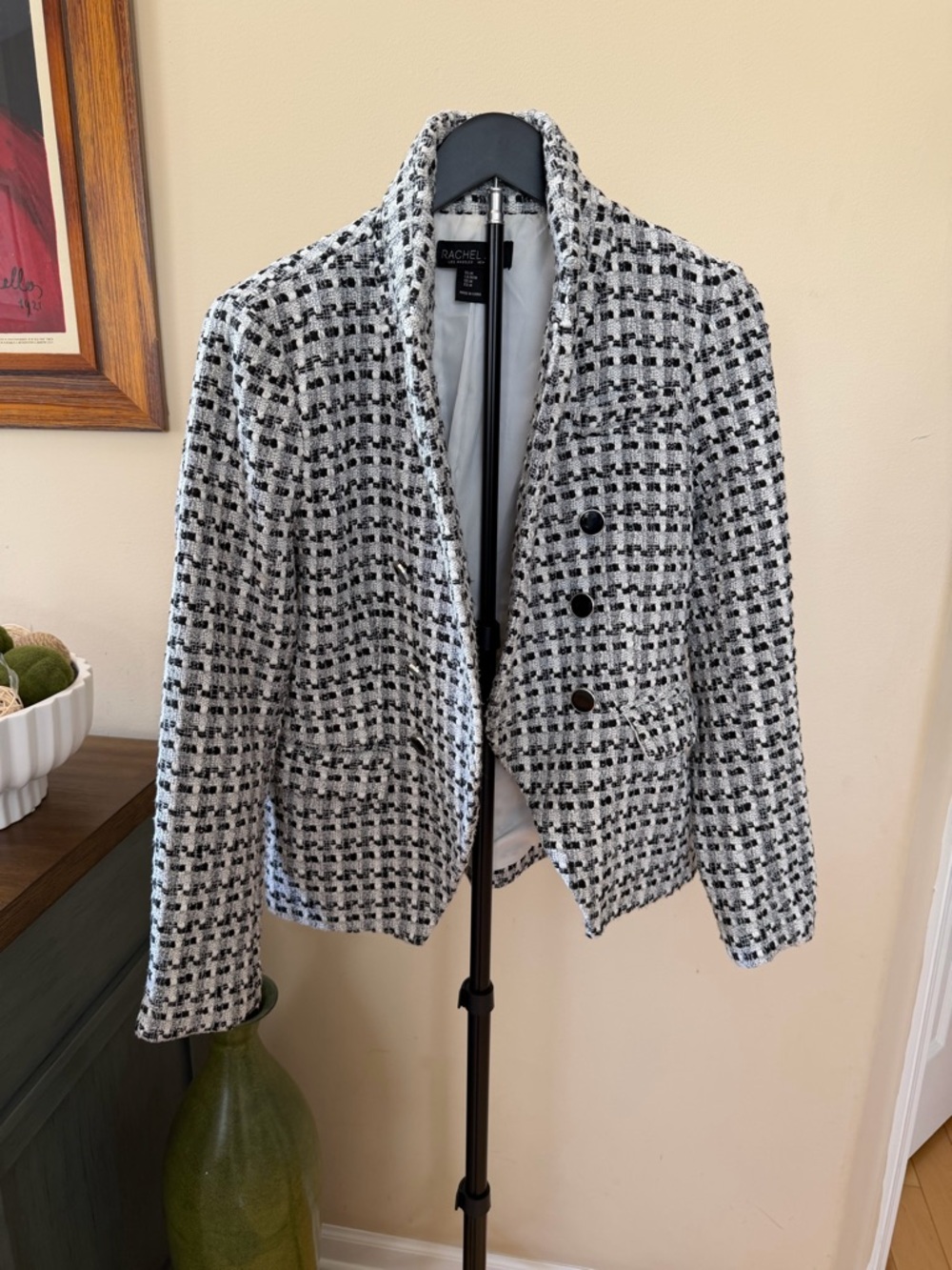 Rachel Zoe Tweed Blazer Jacket Black White Size Medium Chic